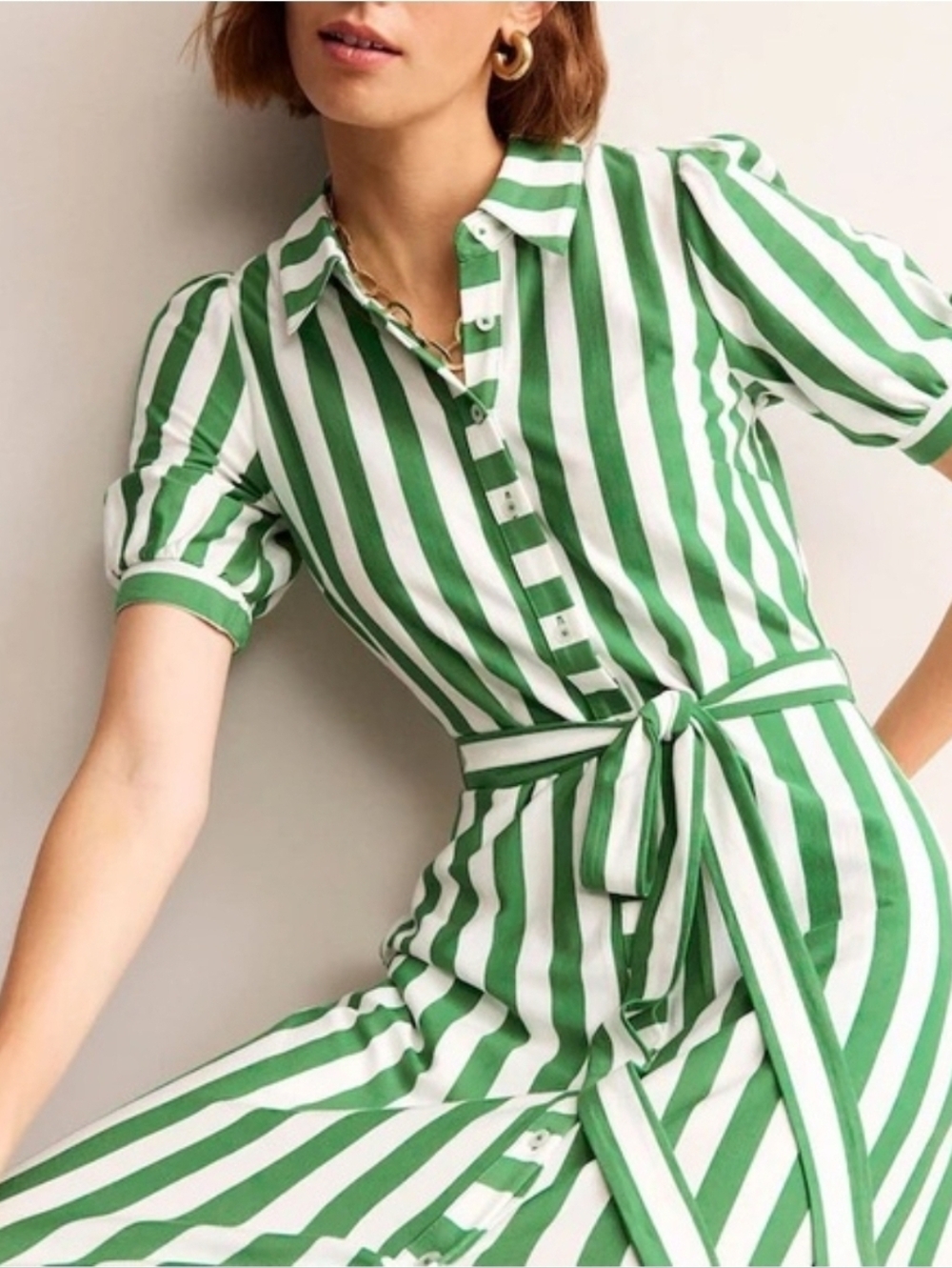 Boden Green and White Vertical Stripe Midi Shirt Dress - Size 14 - Picture 4 of 13